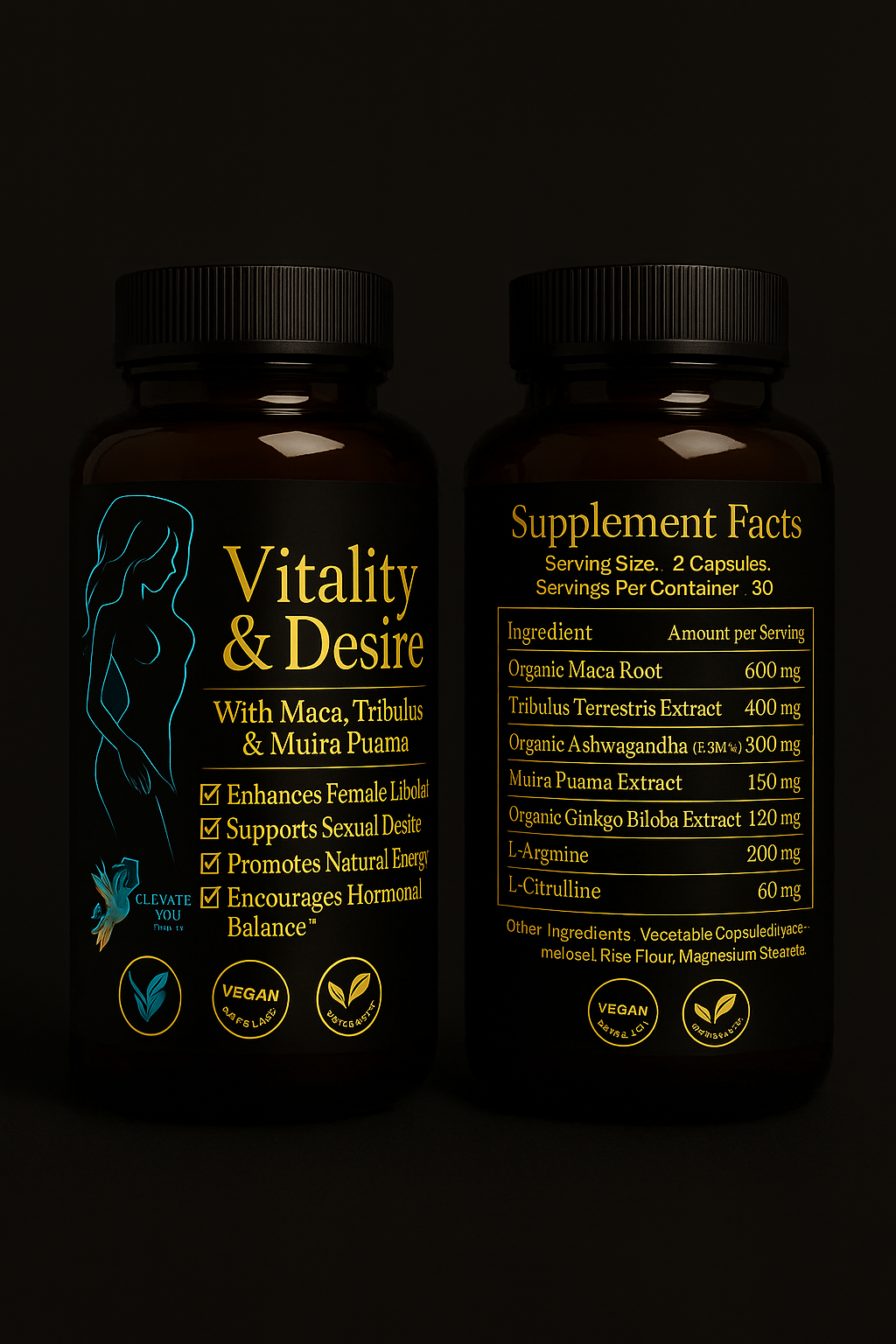 “Vitality & Desire women’s libido and hormone balance supplement — front and back amber bottle mockup with gold and turquoise design.”