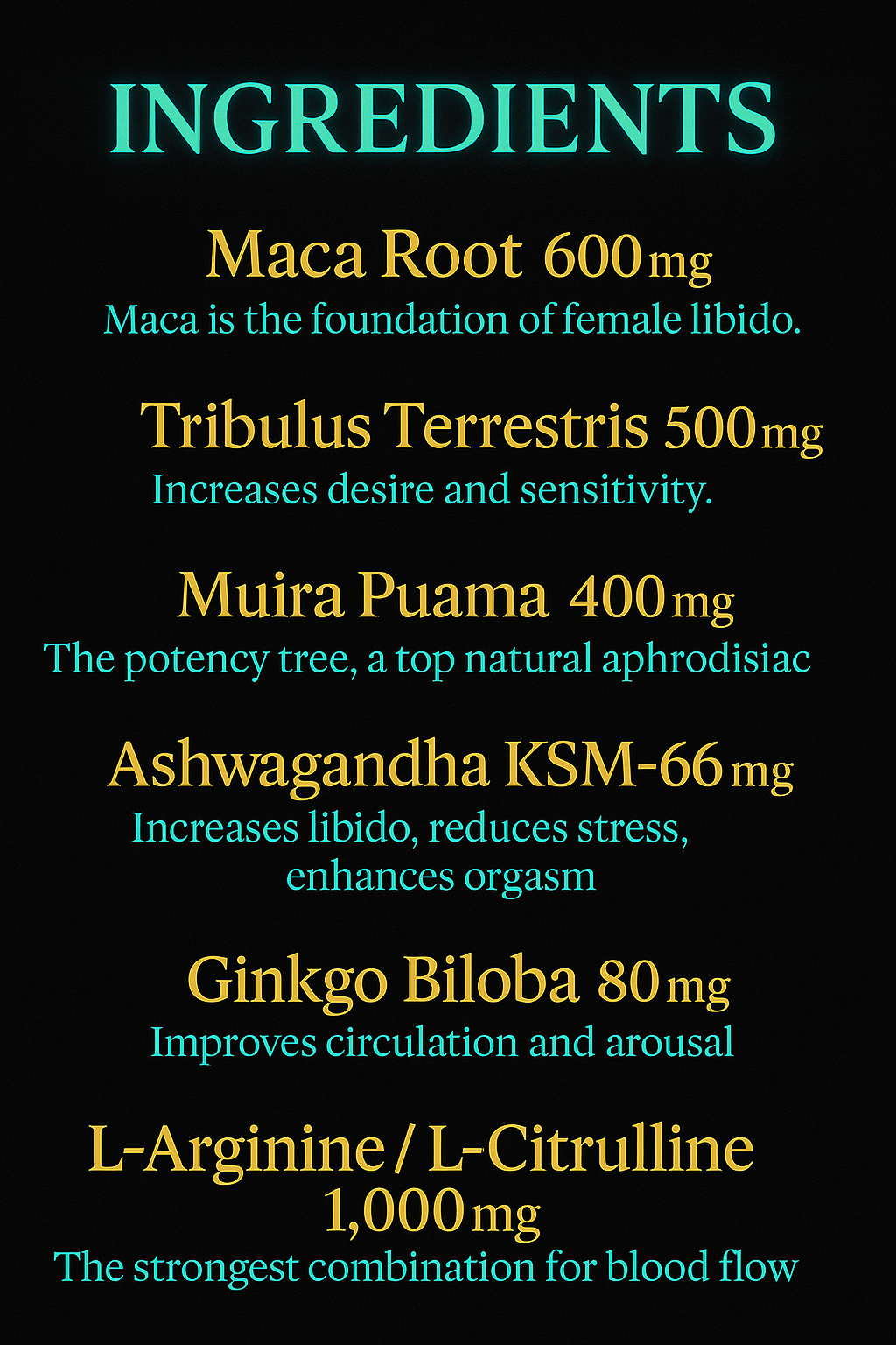 “Vitality & Desire ingredients list showing maca, tribulus, muira puama, ashwagandha KSM-66, ginkgo biloba, L-arginine, and L-citrulline with benefits.”