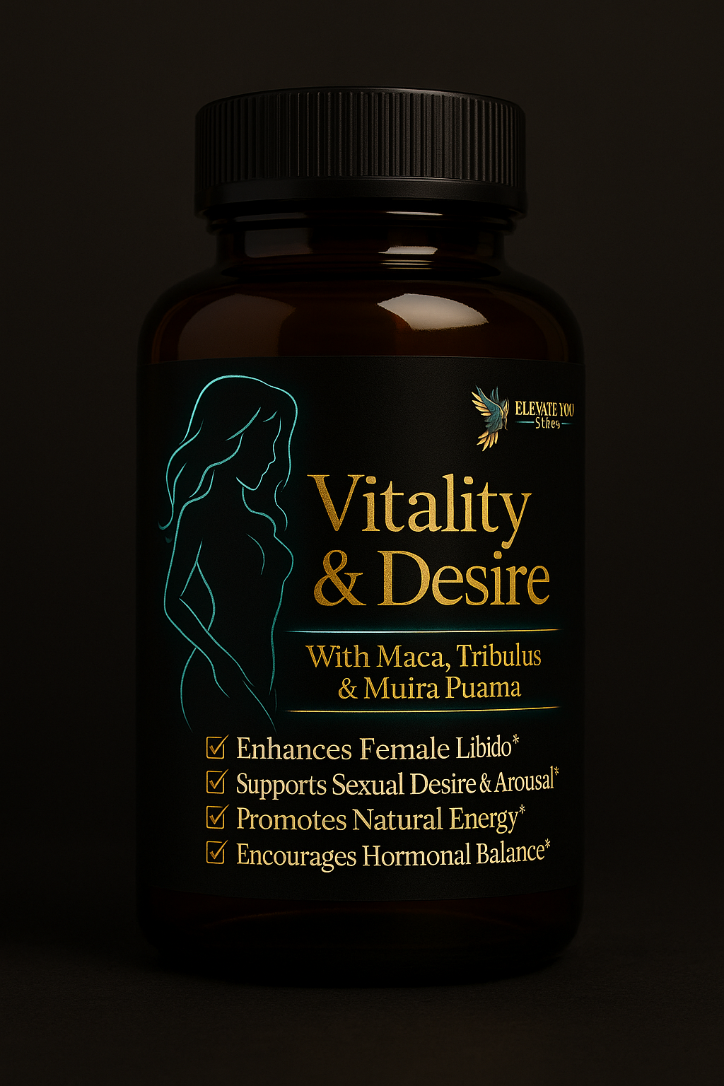 “Vitality & Desire supplement front label featuring gold text, turquoise female silhouette, and libido support benefits for women.”
